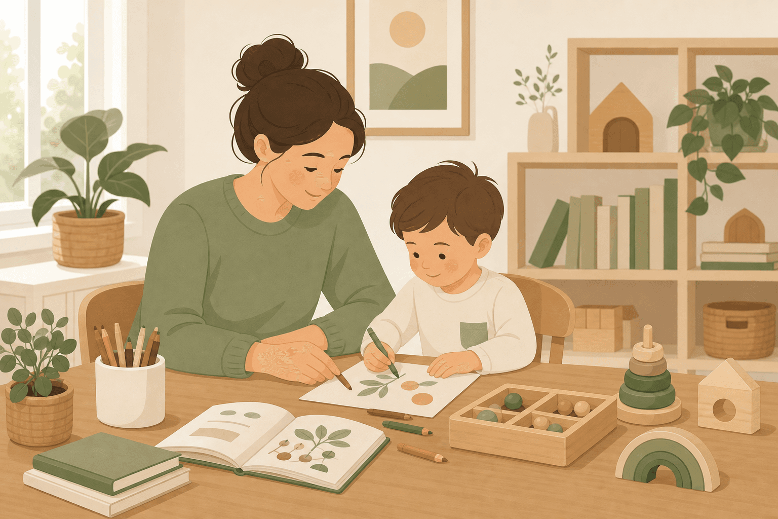 A parent homeschooling a young child with books, activities, toys and learning materials