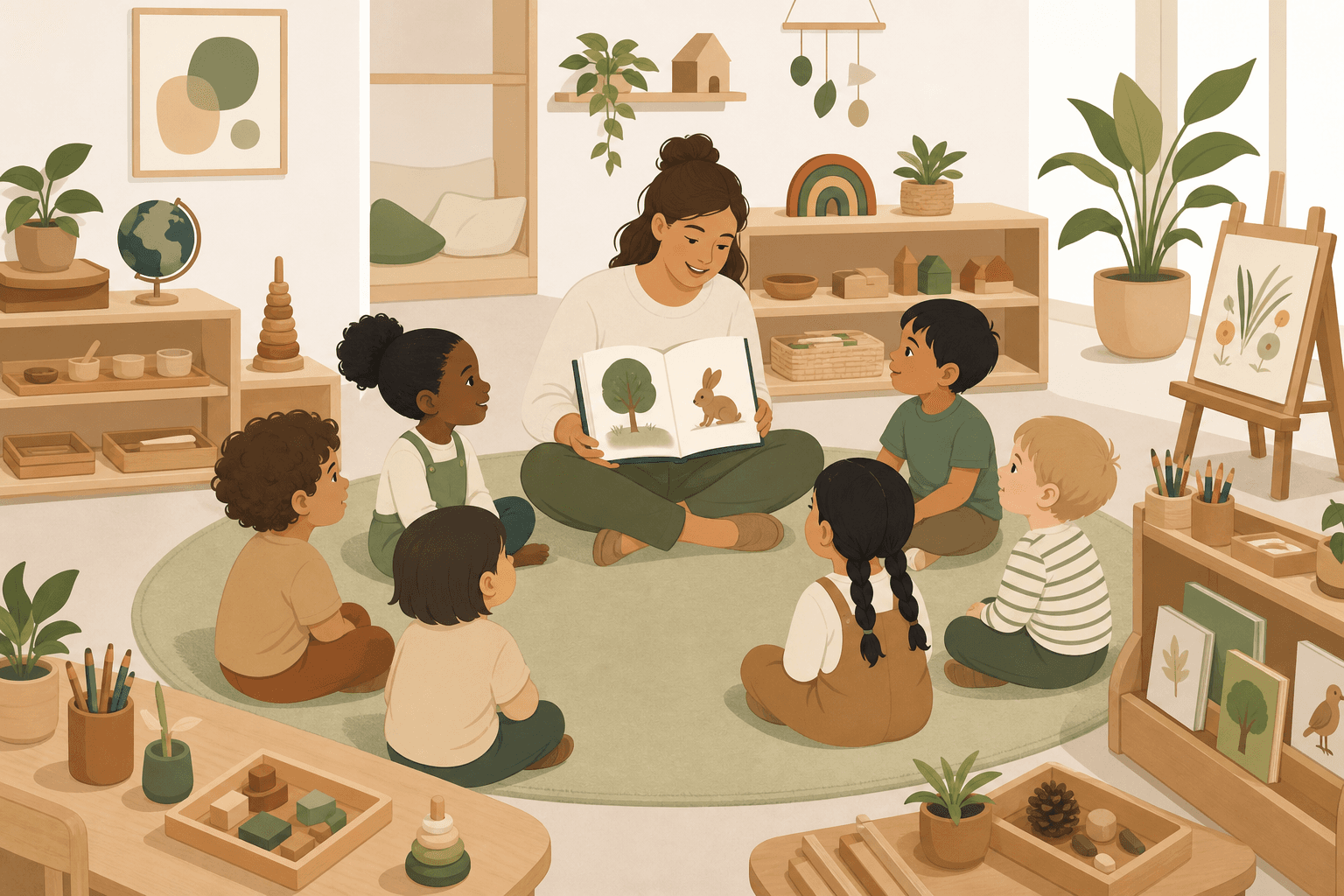 A teacher leading a joyful preschool classroom with learning materials and children engaged in play-based learning