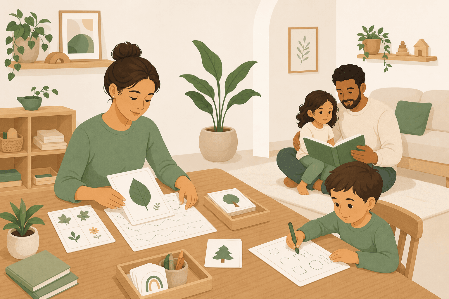 Teachers preparing printable resources while children and families engage in early learning activities