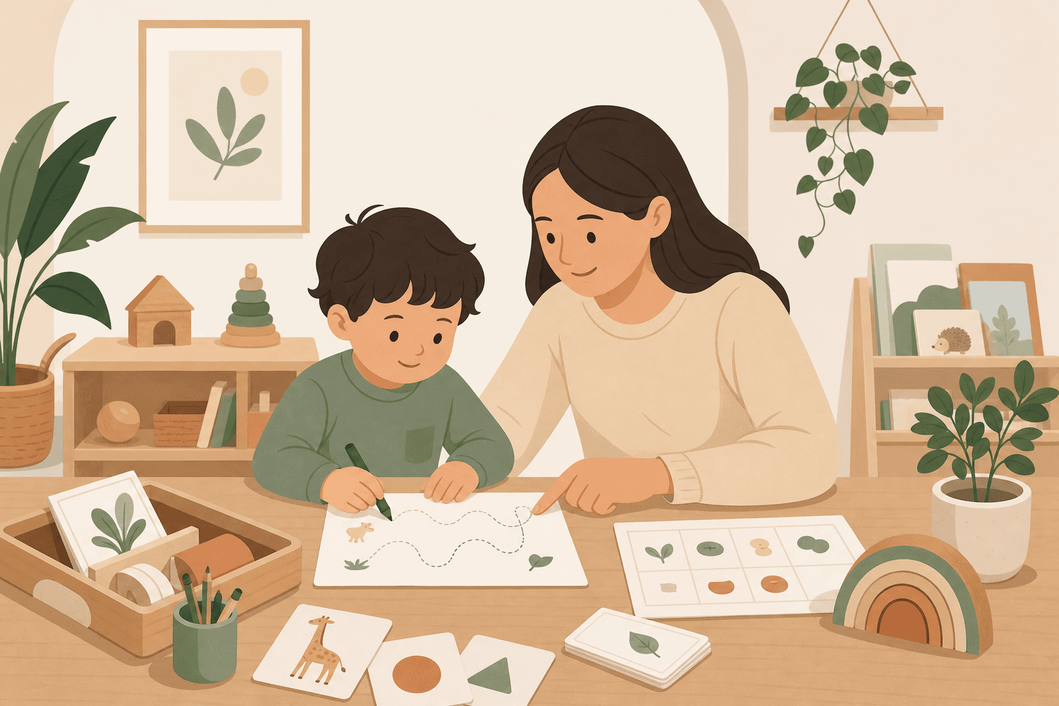 A parent and child learning together at home with printable early years resources