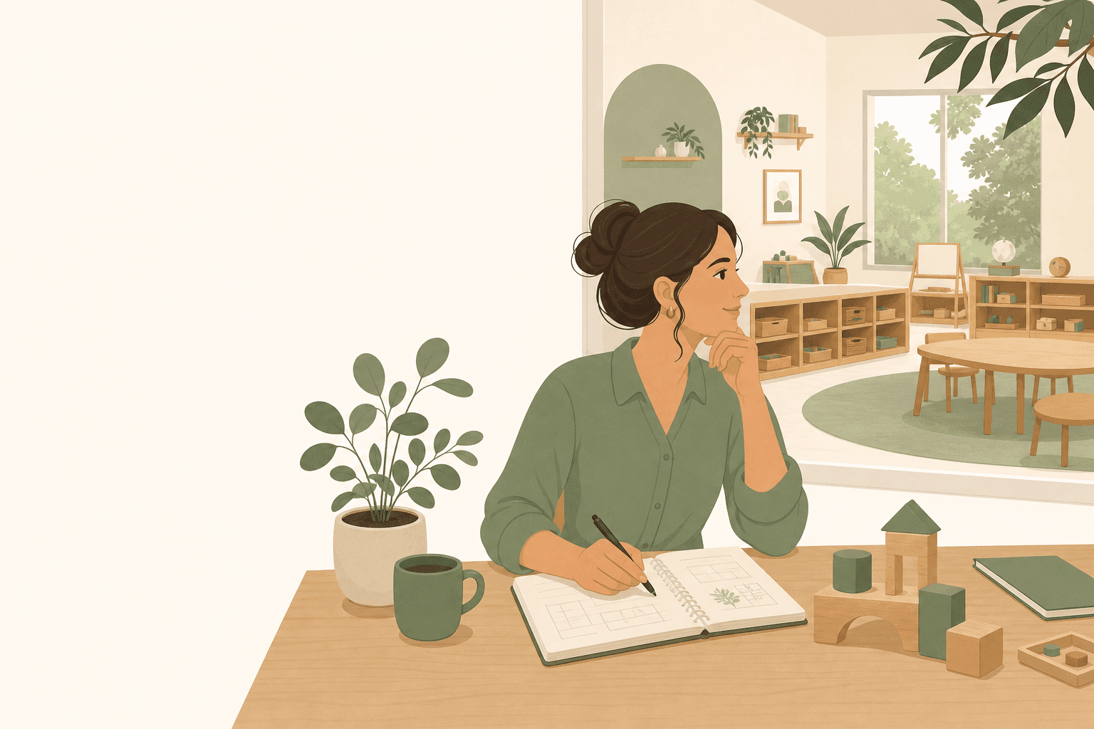 A founder planning an early years preschool centre with planning materials and classroom resources